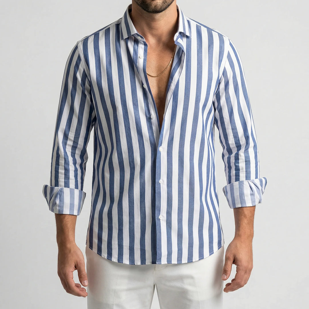Wygodna męska koszula w paski, casualowa, z kołnierzykiem, długim rękawem, na co dzień. Model Jeremiah.