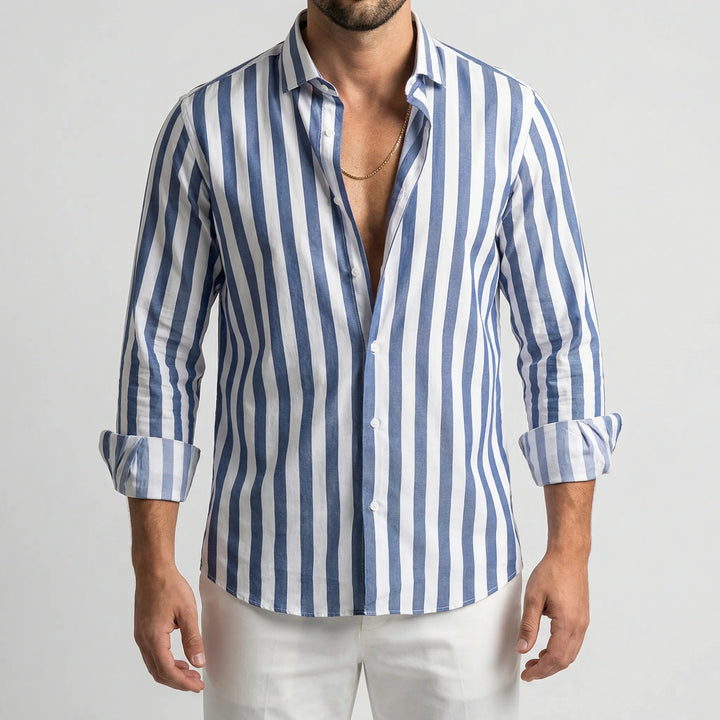 Wygodna męska koszula w paski, casualowa, z kołnierzykiem, długim rękawem, na co dzień. Model Jeremiah.