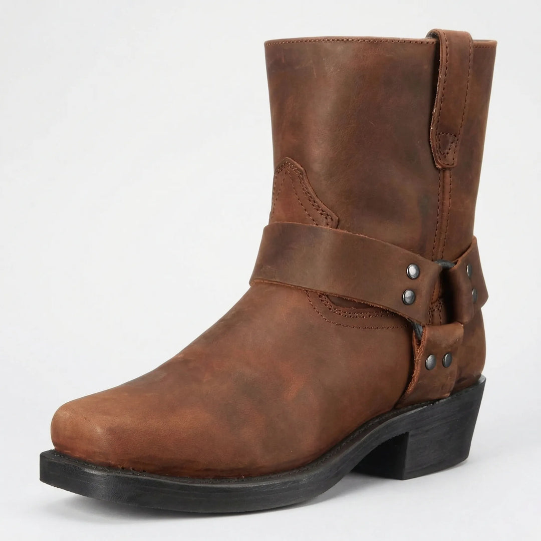 Brązowe męskie kowbojki Allan w stylu western, skórzane botki z eleganckimi przeszyciami, modne obuwie.