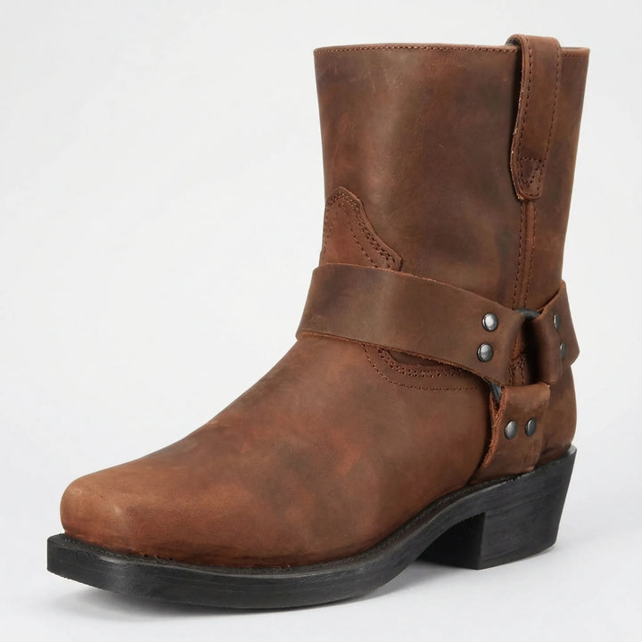 Brązowe męskie kowbojki Allan w stylu western, skórzane botki z eleganckimi przeszyciami, modne obuwie.