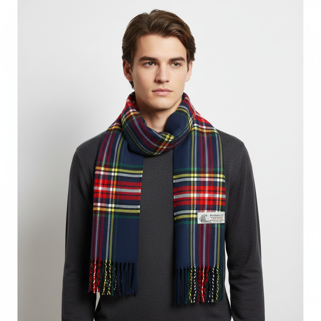 Prezent – unisexowy szalik w klasyczną kratę Tartan Stewart, ciepły i stylowy.