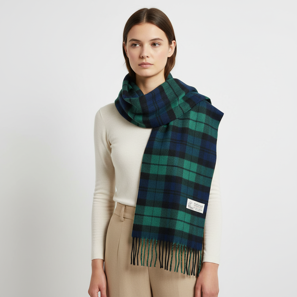 Szalik Tartan Stewart, idealny do noszenia na zewnątrz w chłodne jesienne i zimowe dni.