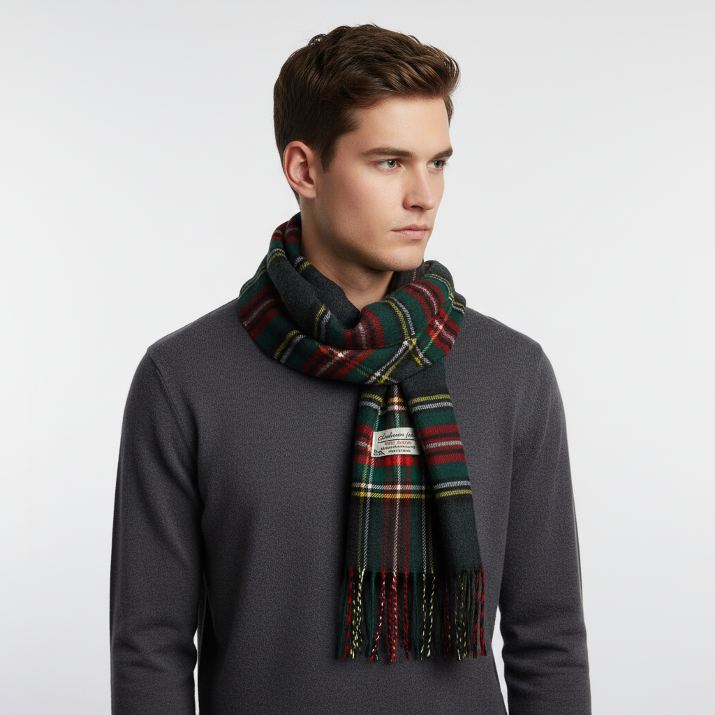 Wysokiej jakości szalik w kratę Tartan Stewart, miękki i przyjemny w dotyku.