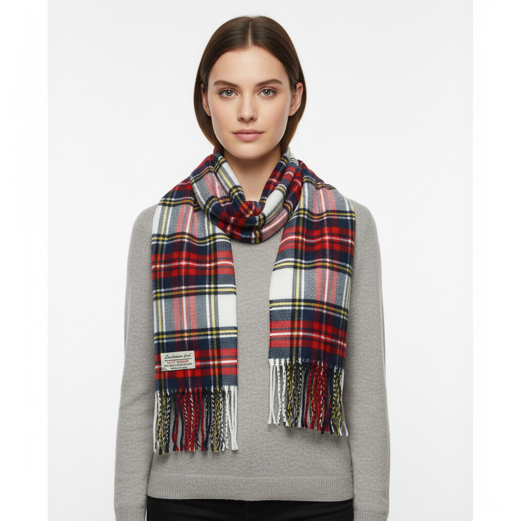 Zbliżenie na wzór Tartan Stewart – szalik unisex z wyraźną, miękką kratą.