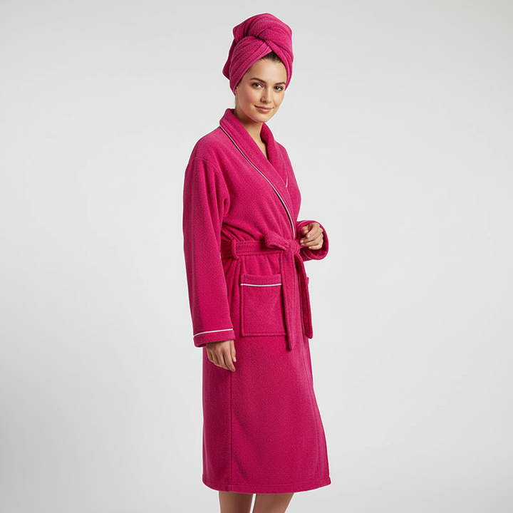 Komfortowy płaszcz kąpielowy damski, model Lisa. Szlafrok do kolan idealny do relaksu po kąpieli, miękki i elegancki.