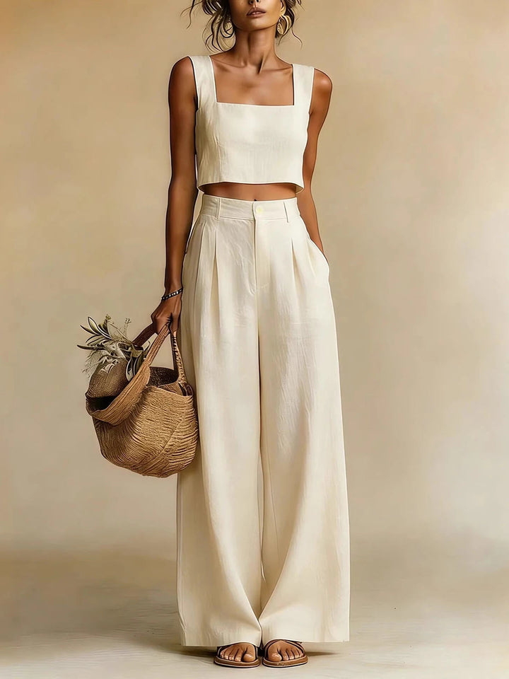 Modny komplet letni: krótki crop top i stylowe spodnie palazzo dla kobiet, wygodny i modny.
