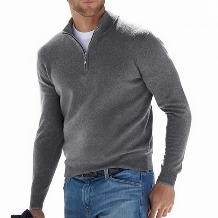 Casualowy i biznesowy męski sweter z dekoltem V i zamkiem. Modny, wygodny, must-have w odzieży męskiej.