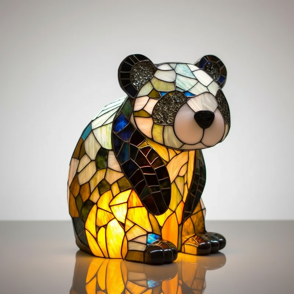 Artystyczna lampa stołowa AnimalGlow z witrażem przedstawiającym leśne zwierzęta, nastrojowe oświetlenie.