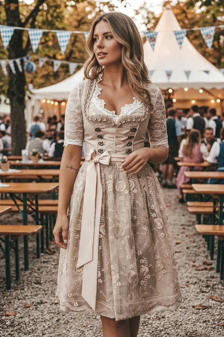 Tradycyjna sukienka Dirndl damska, beżowa z gorsetem, na Oktoberfest, idealna na ludowe imprezy.