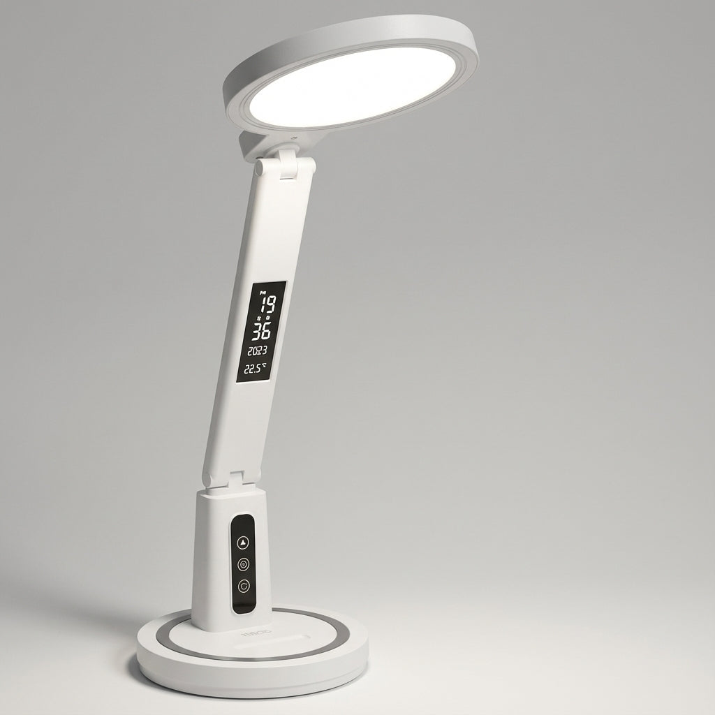 TimeLume: elegancka lampka biurkowa LED z wbudowanym zegarem, dotykowa kontrola, optymalne oświetlenie do nauki.