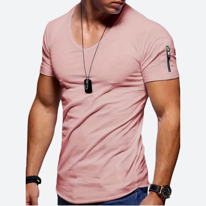 Granatowa męska koszulka t-shirt z dekoltem V, miękka, idealna na ciepłe dni.