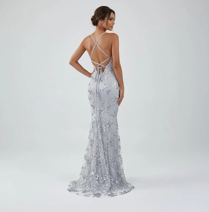 Formalna damska sukienka syrena maxi, elegancka kreacja z odkrytymi plecami. Idealna na imprezę lub galę.