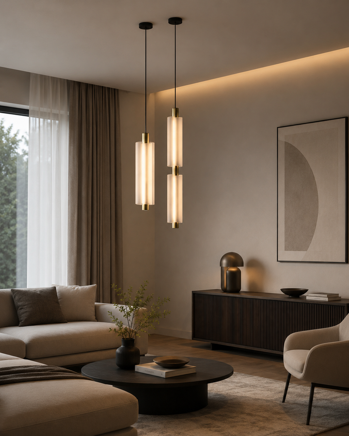 Alabastrowa lampa wisząca do salonu lub sypialni. Minimalistyczna, zintegrowane ciepłe światło LED. Tworzy przytulną atmosferę.