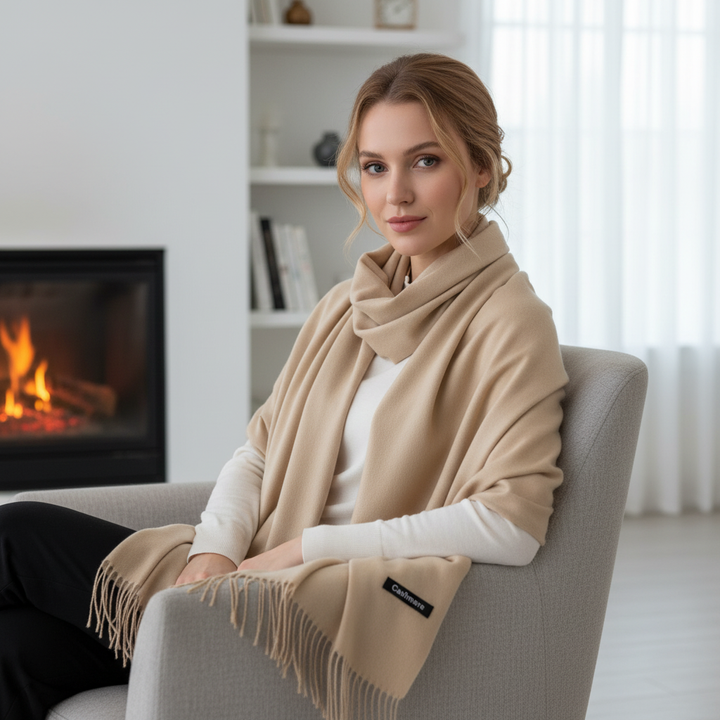 Długi, elegancki szal damski z kaszmiru CashmereLux. Idealny, ciepły dodatek na jesień i zimę.