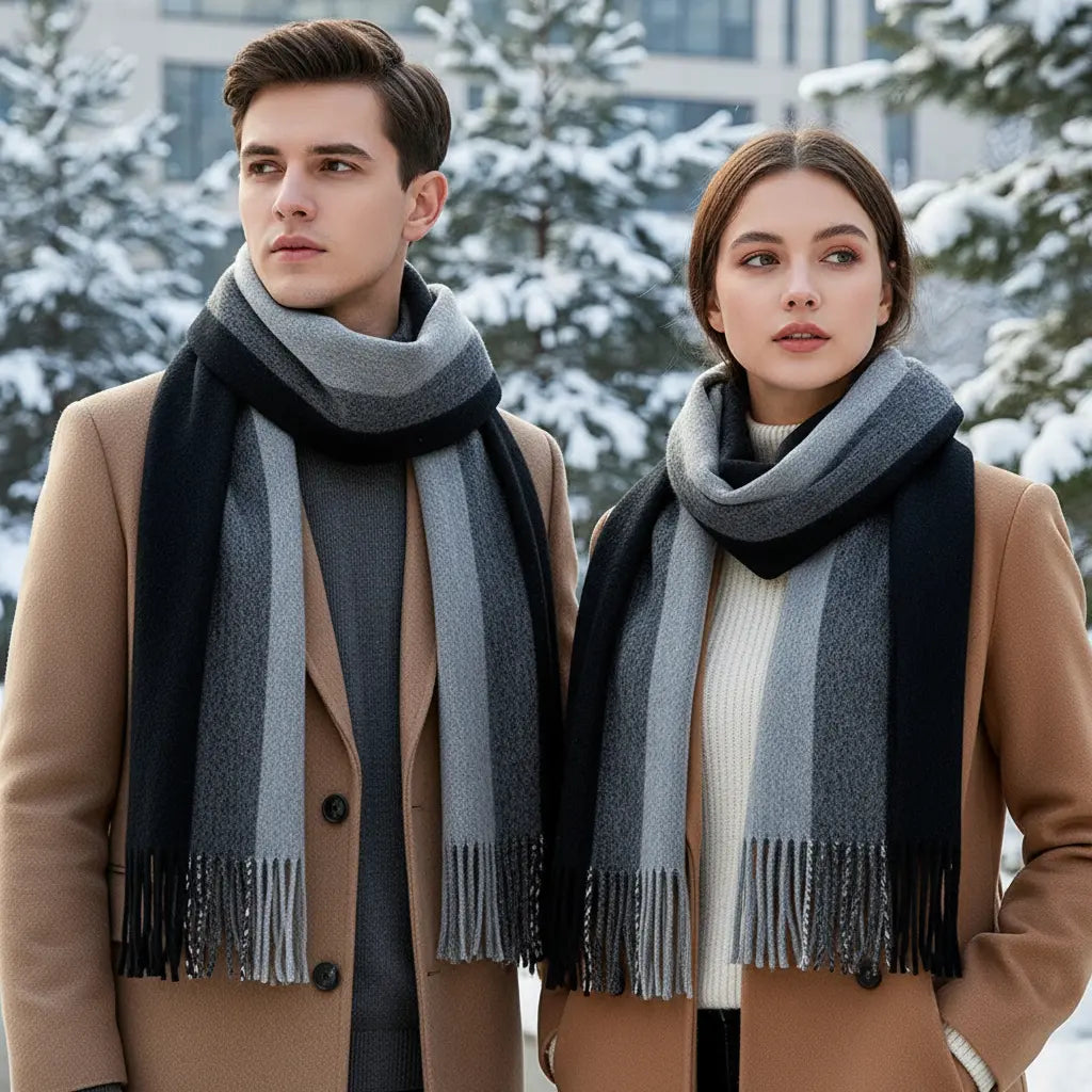 Długi szalik kaszmirowy unisex, ciepły i luksusowy, z delikatnymi frędzlami, idealny na zimę.
