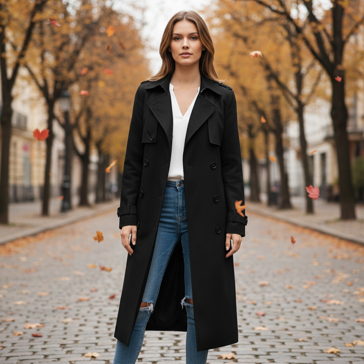 Długi płaszcz trenczowy damski Fiona, elegancki beżowy trencz, klasyczna odzież wierzchnia na jesień.