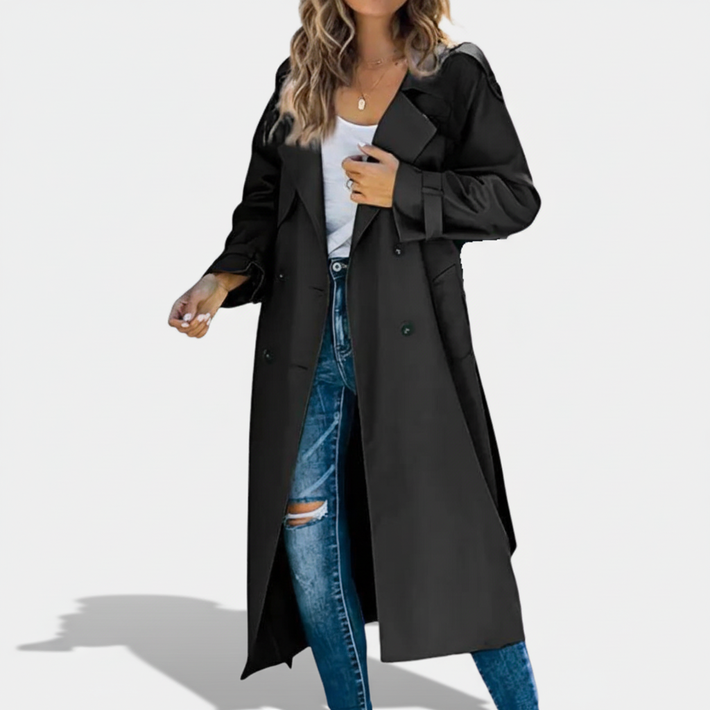 Stylowy damski długi płaszcz trenczowy Fiona, idealny na jesień i zimę. Elegancki, klasyczny design.