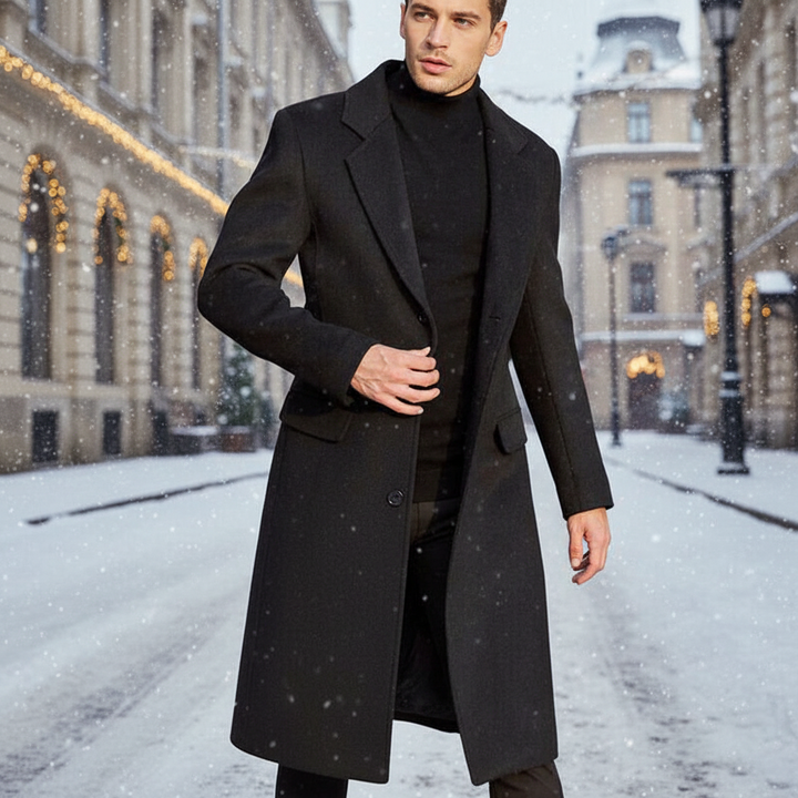 Męski długi płaszcz wełniany Daniel. Klasyczny, elegancki płaszcz zimowy, idealny na chłodne dni.
