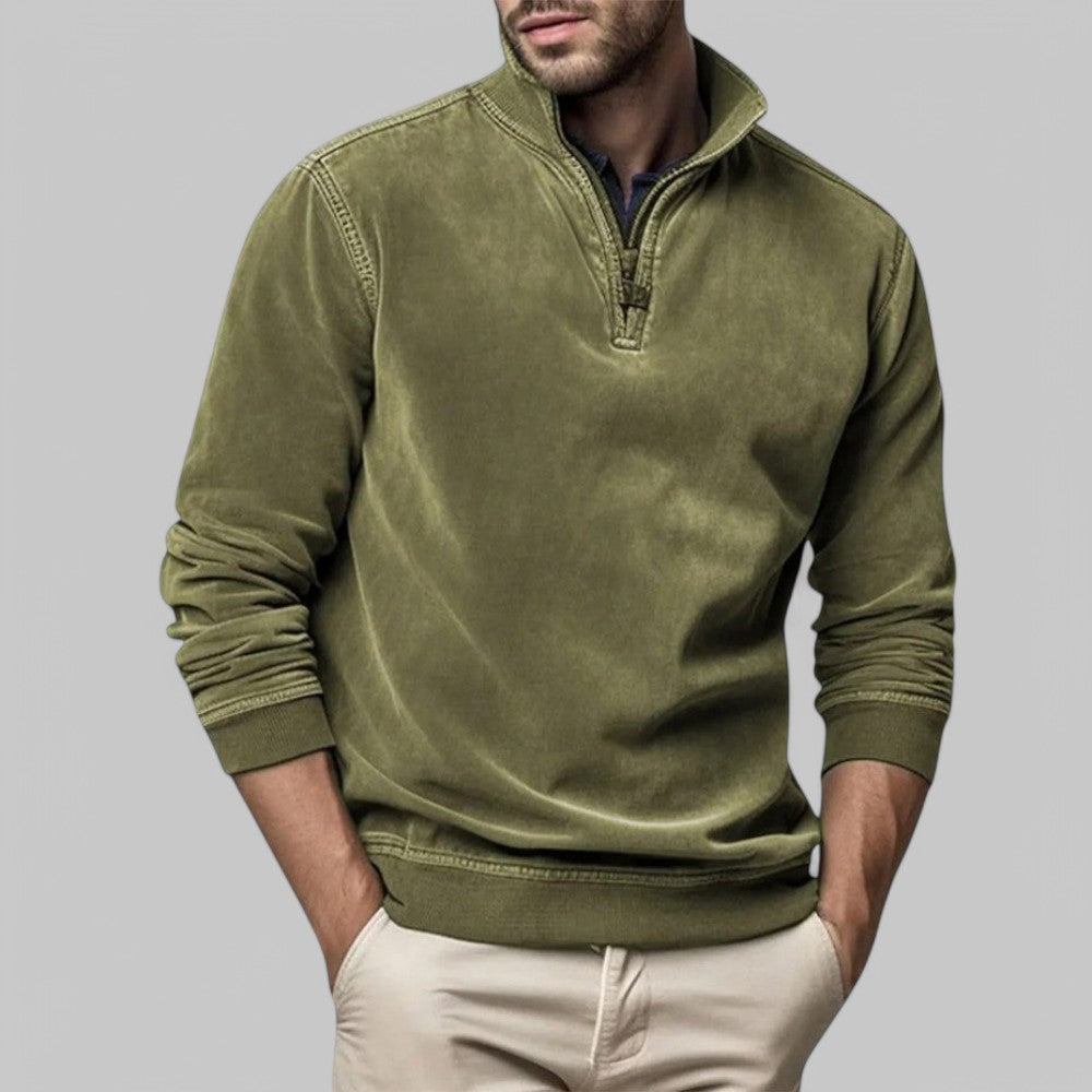 Męski sweter z półzamkiem, idealny na jesień i zimę. Zapewnia komfort i modny, casualowy styl.