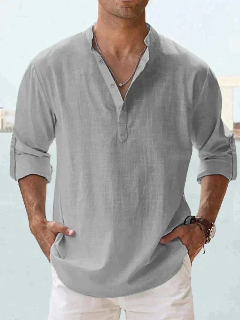 Męska koszula casual Henley, lniana, z półzapięciem, elegancka, do letnich stylizacji.