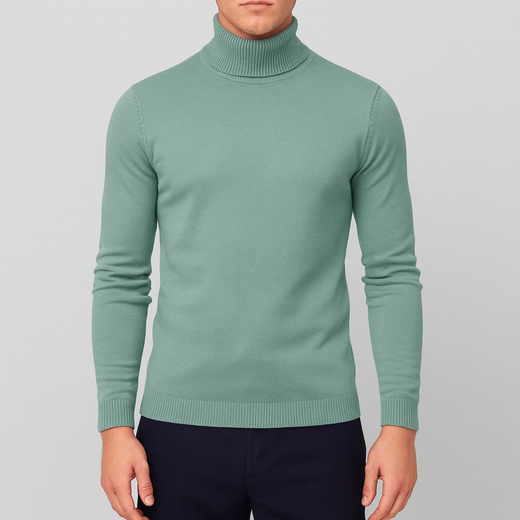 Elegancki męski sweter z golfem w modnym kolorze. Doskonały na jesień i zimę, do wielu stylizacji.