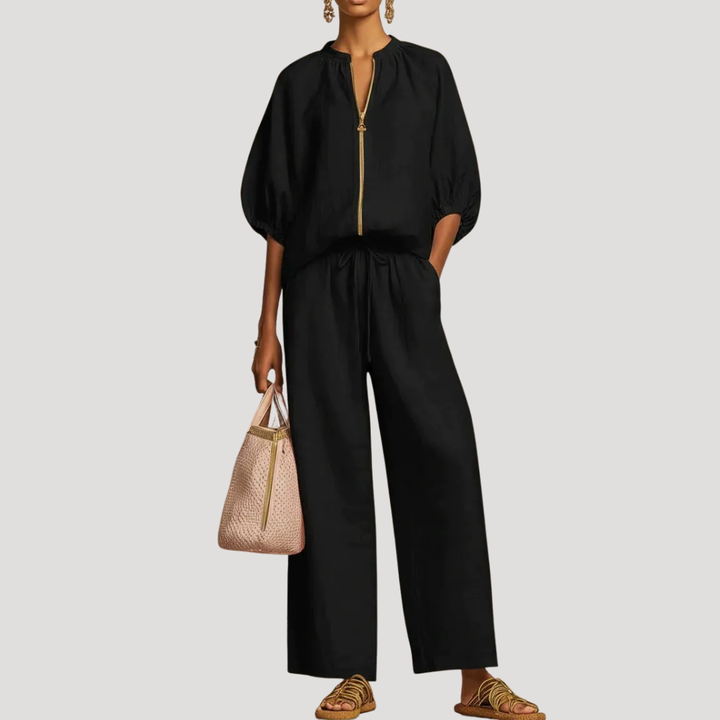 Lniany damski komplet bawełniany, bluza z rękawem 3/4 i spodnie wide leg. Lekki, przewiewny na lato.