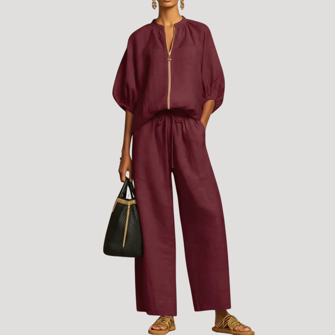 Luźny komplet damski oversize z lnu: casualowa bluza 3/4 i szerokie spodnie. Komfort na co dzień, lato.