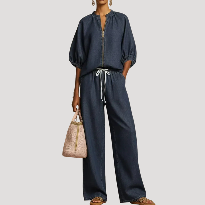 Modny damski komplet oversize: lniana bluza 3/4 i luźne spodnie wide leg. Idealny do letnich stylizacji.