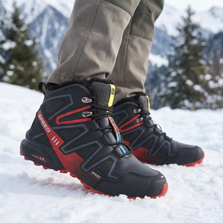 Męskie zimowe buty trekkingowe, ciepłe i antypoślizgowe, idealne na wędrówki i turystykę górską.