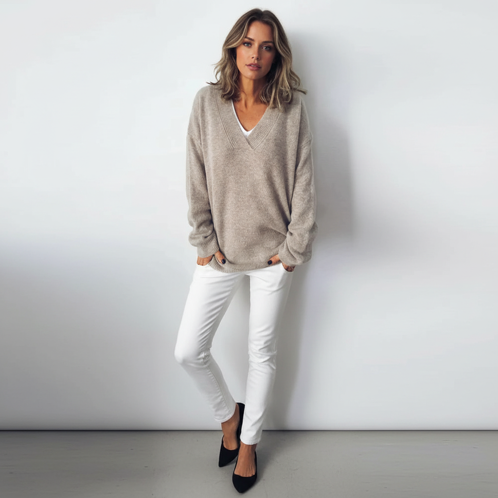 Elegancki sweter damski Jennifer z dekoltem V, luźnym krojem, idealny na jesień i zimę, modny i swobodny.