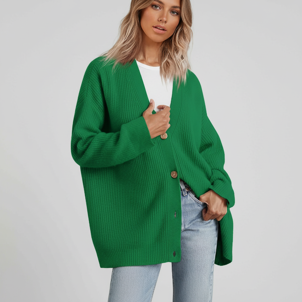 Modny luźny sweter damski z dekoltem V. Casualowy styl, który łączy komfort i elegancję. [[lstfy-media:9]]