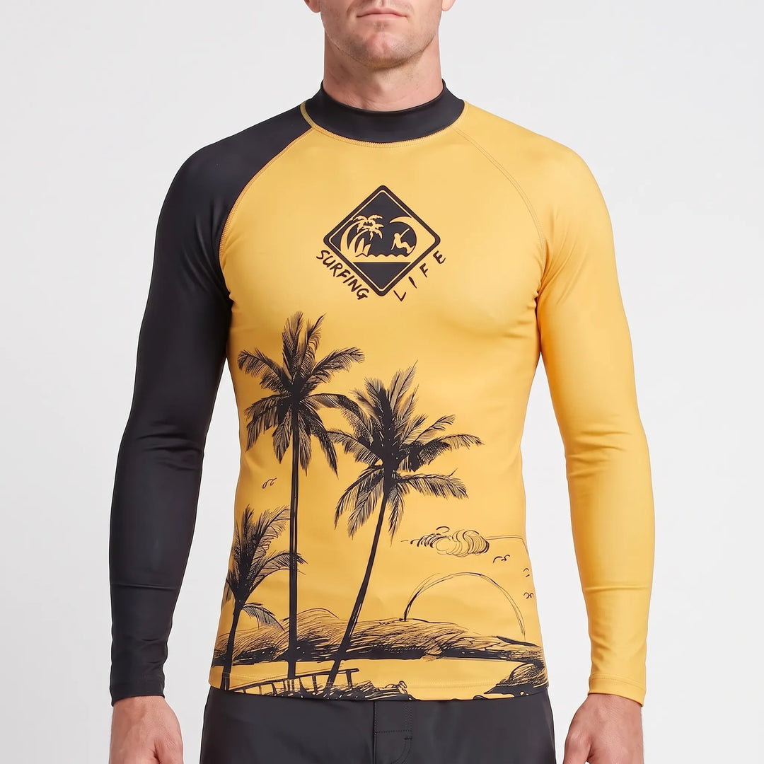 Męski rashguard z długim rękawem do sportów wodnych, idealny na surfing, pływanie, z ochroną UV.
