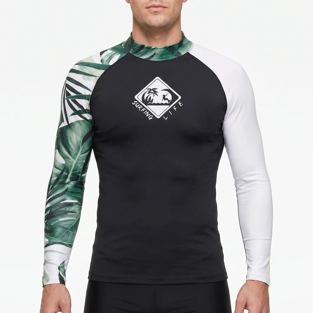 Stylowy męski rashguard z długim rękawem, do sportów wodnych, ochrona UV, komfort na plaży.