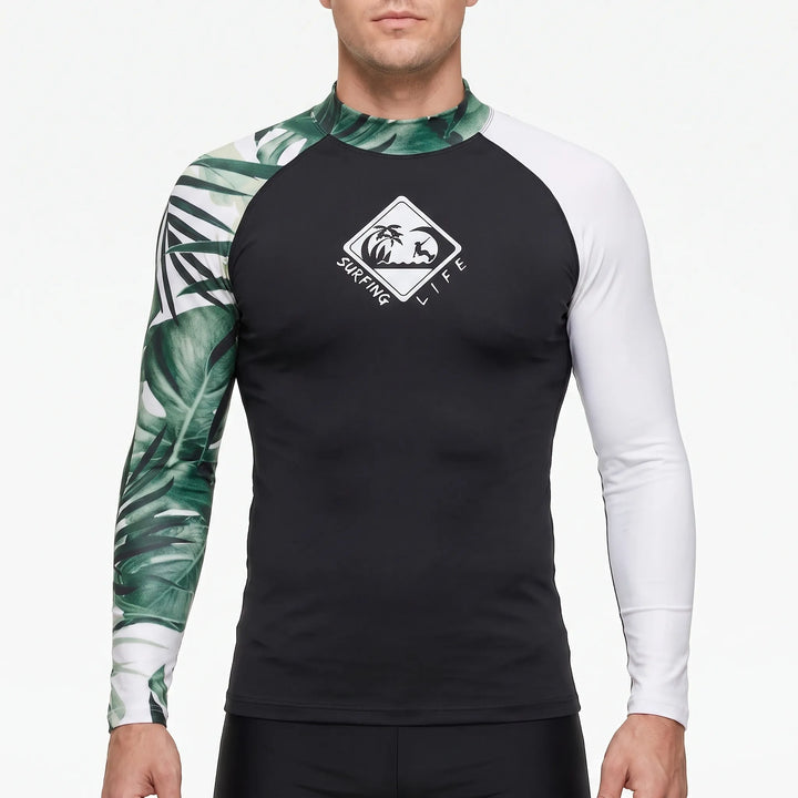 Stylowy męski rashguard z długim rękawem, do sportów wodnych, ochrona UV, komfort na plaży.