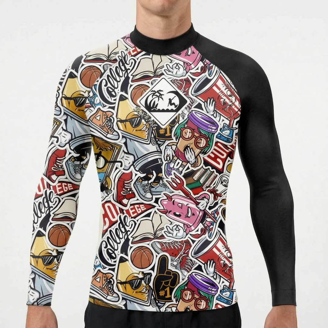 Wysokiej jakości męski rashguard z długim rękawem, do sportów wodnych, ochrona UV, komfort i styl.