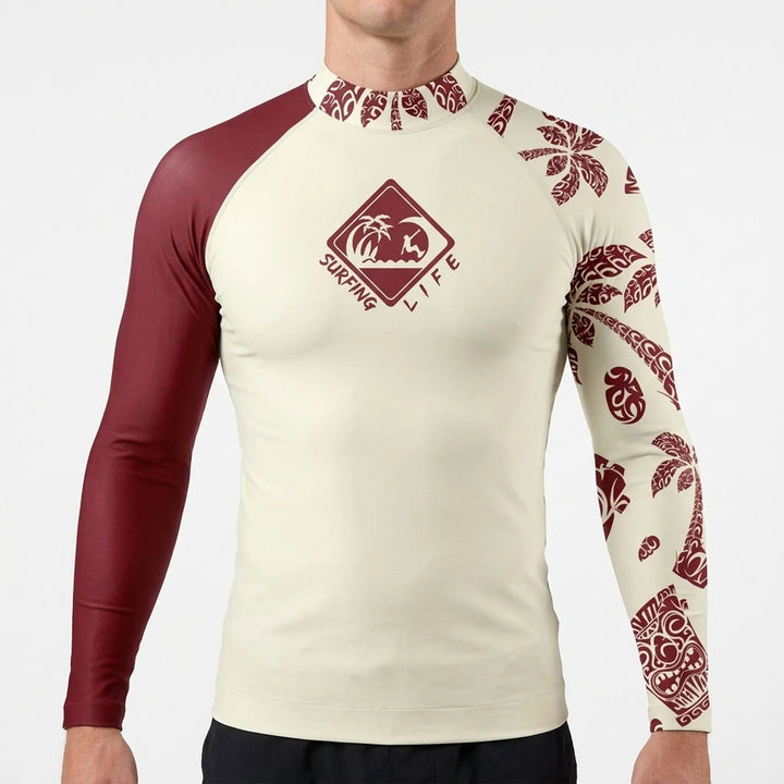 Męski rashguard z długim rękawem na sporty wodne, ochrona UV, komfort na plaży i aktywnościach.