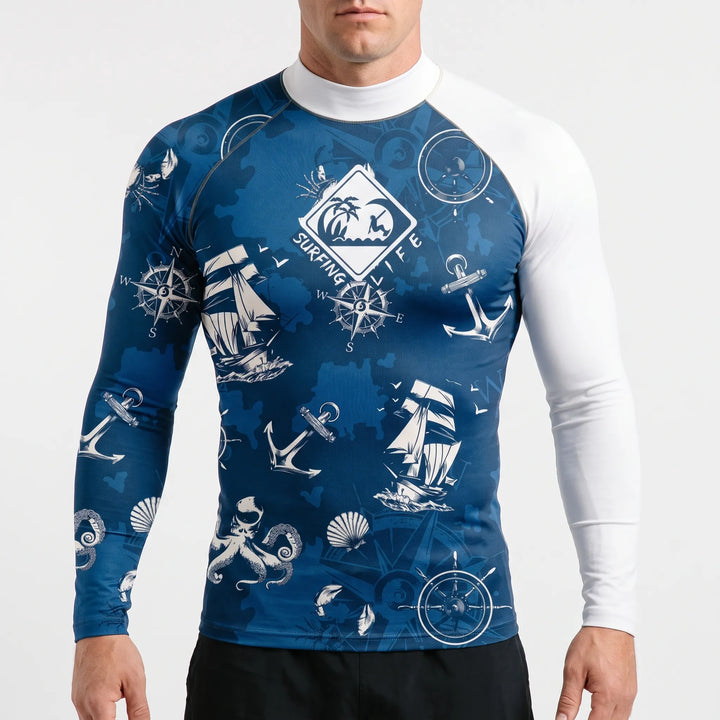 Sportowy męski rashguard długi rękaw, strój do sportów wodnych, surfing, pływanie, wysoka ochrona UV.