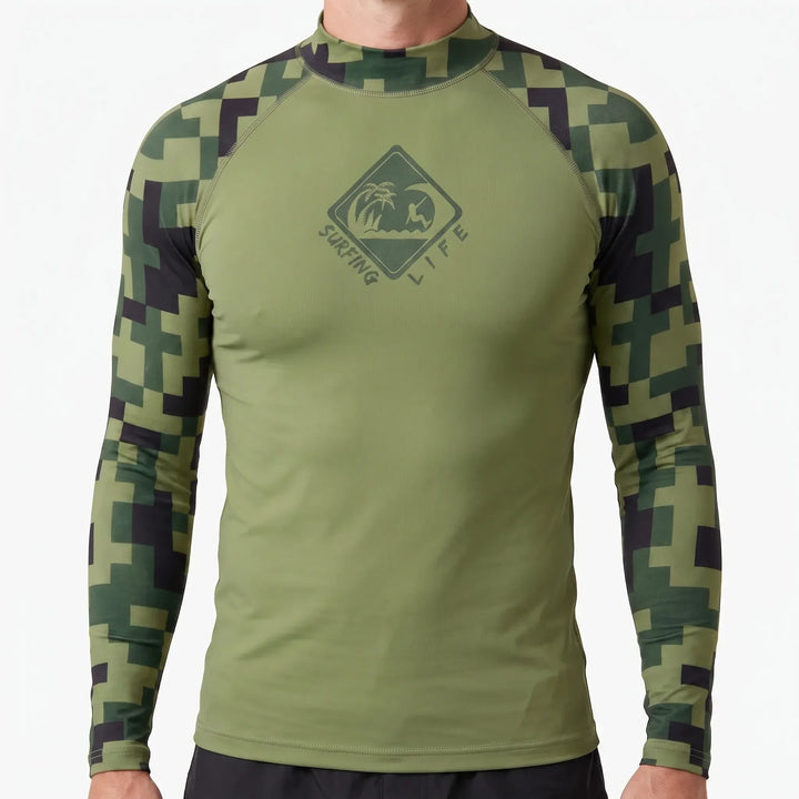 Męski rashguard z długim rękawem, uniwersalny do sportów wodnych, plaży, ochrona UV, komfort.