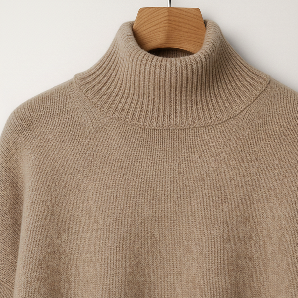 Modelka prezentuje modny beżowy sweter damski z golfem. Elegancka odzież jesień/zima, komfortowy styl casual.