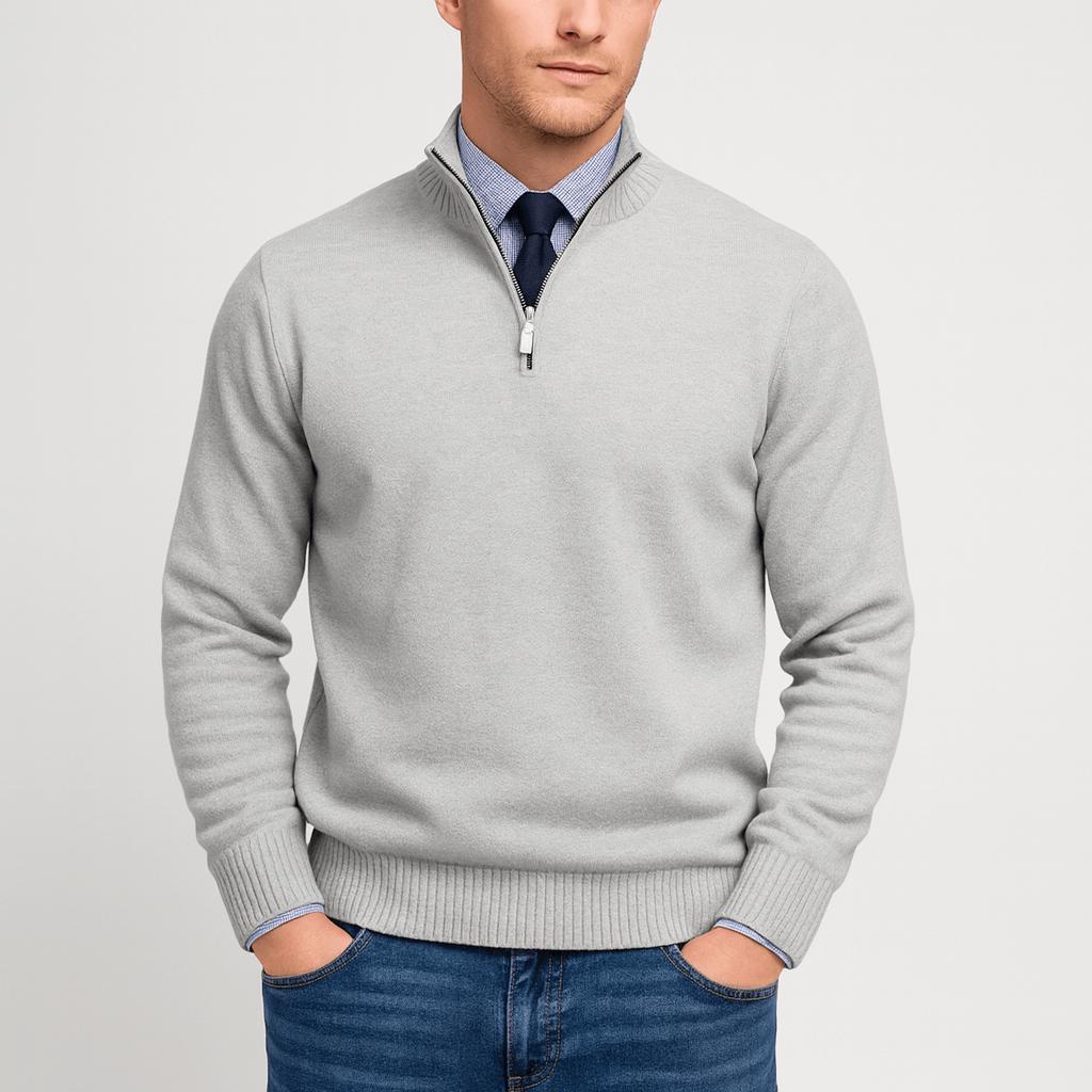 Elegancki męski sweter z zamkiem, luźny. Wygodna odzież męska casual, idealny na chłodne dni.
