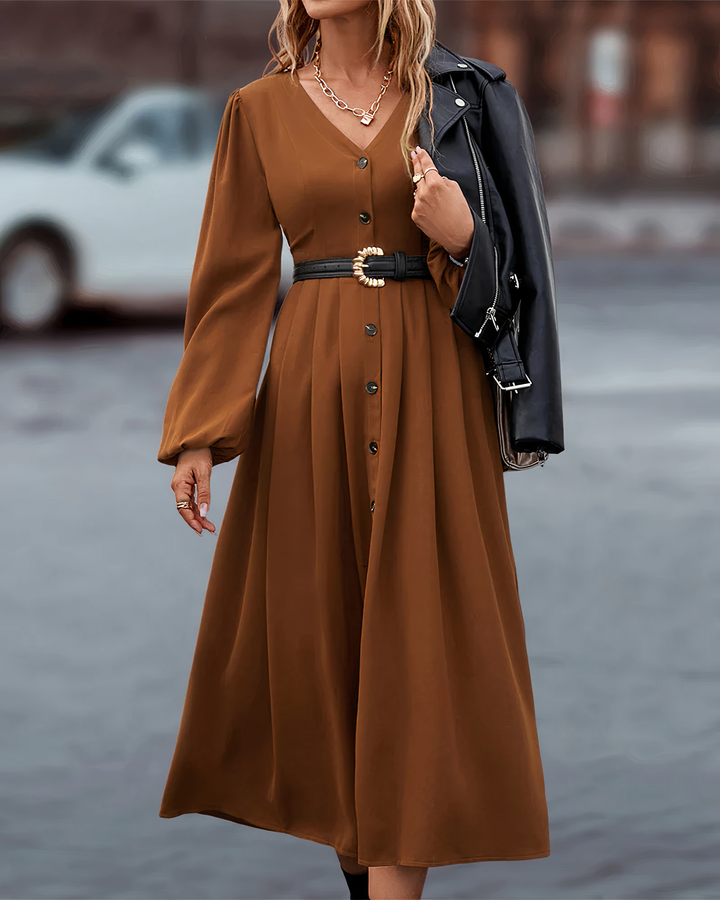 Elegancka sukienka maxi jesienna z dekoltem V, długim rękawem i guzikami, wygodna i modna.