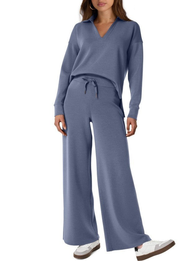 Casualowy komplet damski streetwear: bluza rozpinana i szerokie spodnie. Modny look na miasto.