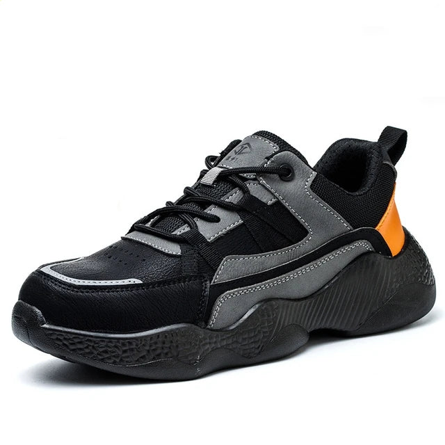 Zbliżenie na stalowy nosek w męskich sneakersach roboczych, gwarantujący bezpieczeństwo i ochronę stopy.