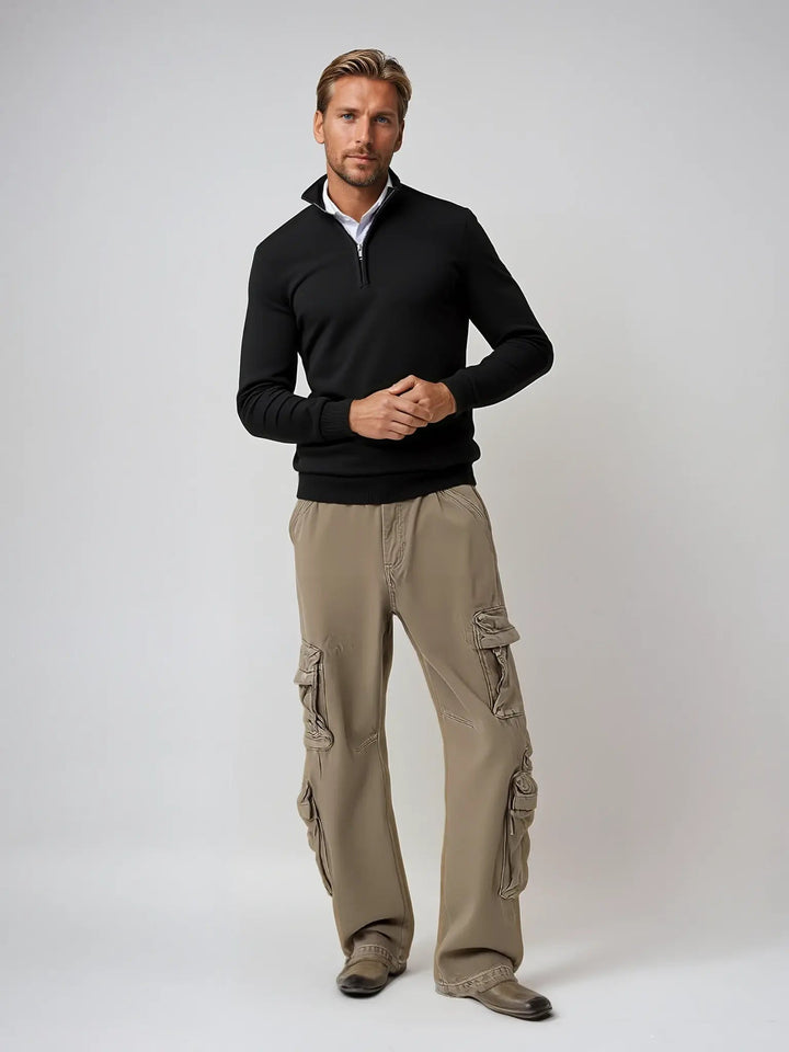 Elegancki sweter męski z suwakiem, uniwersalny do stylizacji smart casual, wysoka jakość.