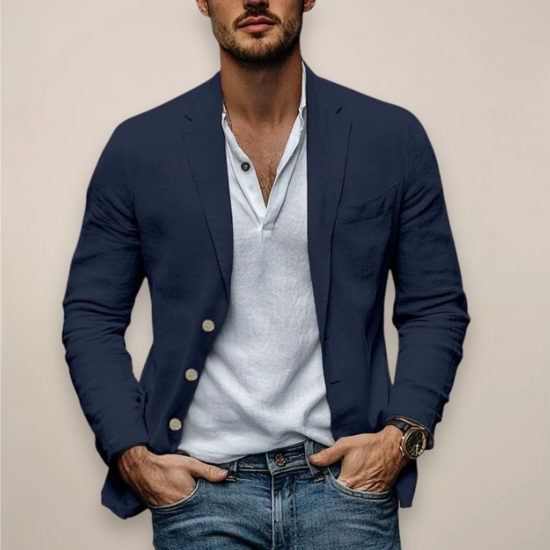 Elegancka marynarka męska w stylu smart casual, modny krój, idealna na wesele lub letnie przyjęcia.
