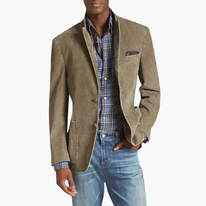 Męska sztruksowa marynarka z karbowanymi klapami i poszetką. Elegancki casual na jesień i wiosnę.