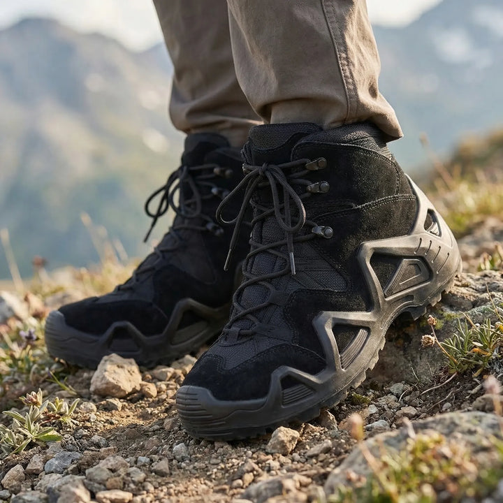 Wysokie męskie buty taktyczne sznurowane piaskowe, idealne na trekking i outdoor.