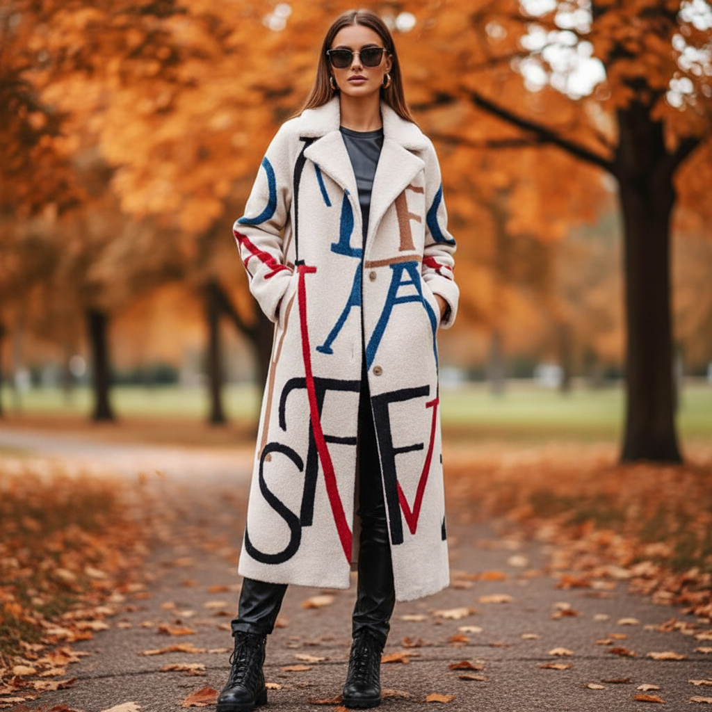 Stylowy, długi płaszcz damski oversized na jesień/zimę, w modnym, kolorowym wzorze. Idealny na co dzień.