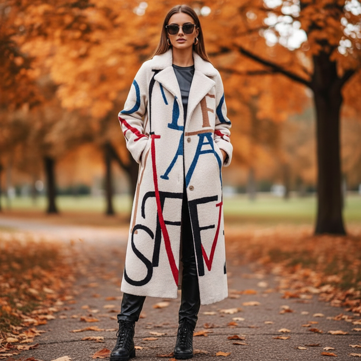 Stylowy, długi płaszcz damski oversized na jesień/zimę, w modnym, kolorowym wzorze. Idealny na co dzień.