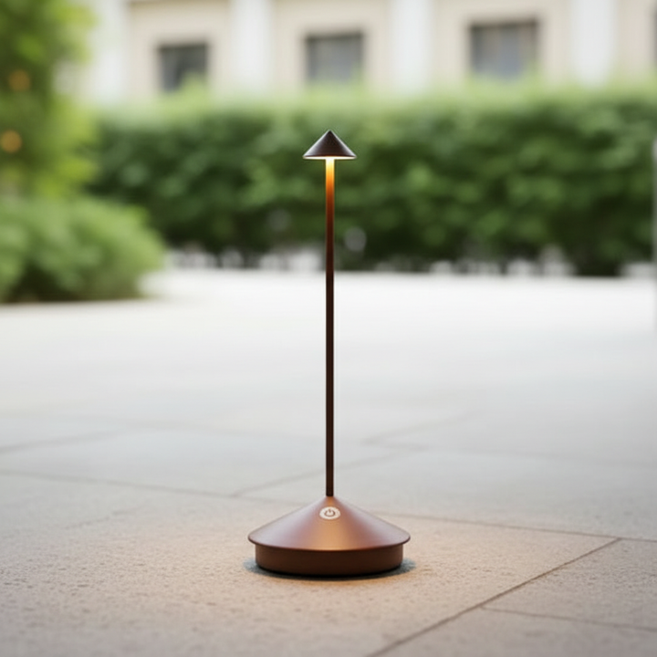 Wodoodporna lampka stołowa LED CalmLight z dotykowym sterowaniem, idealna na taras i do ogrodu.